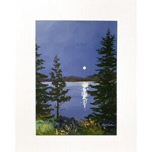 8x10 Original Oil Landscape Painting Impressionist Nocturne Moon Pinetree Signed